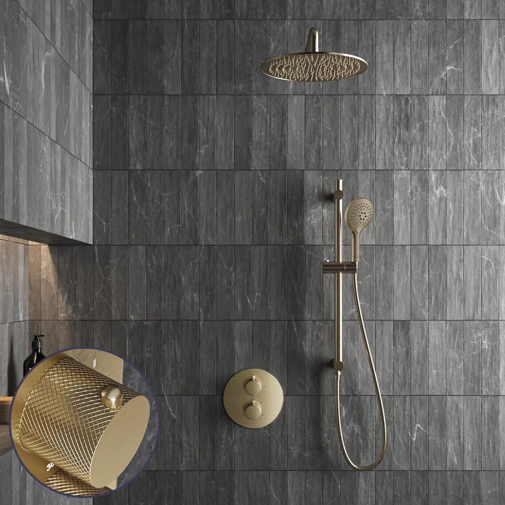 Saniclear Brass Curved inbouw regendouche rond met 30cm hoofddouche, muurarm, 2 standen handdouche en glijstang geborsteld messing - mat goud