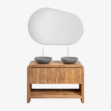 Vacry Houten Badkamermeubelset Acacia Bruin & 2 X Ronde Grijze Cement Ø40 Cm Tarsis & Ovaal Led En Anticondens 120x80 Cm Riben & 2 X Wit ?30 Cm -