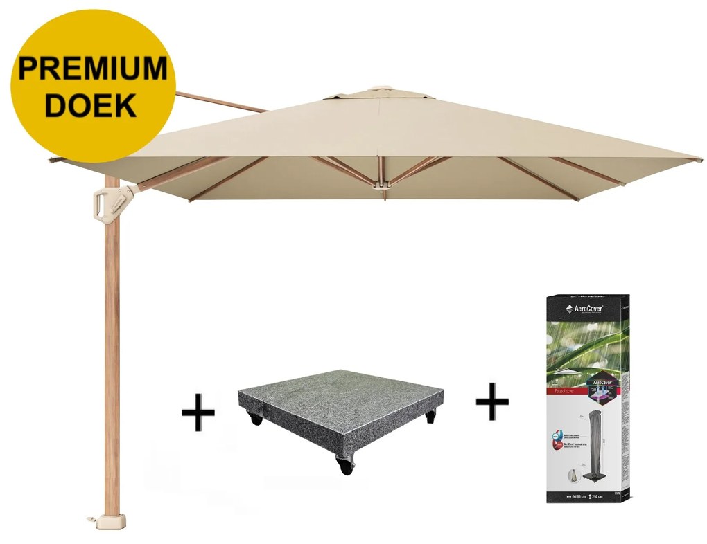 Challenger T1 premium parasol 400x300 cm teak champagne met 120 KG voet en hoes