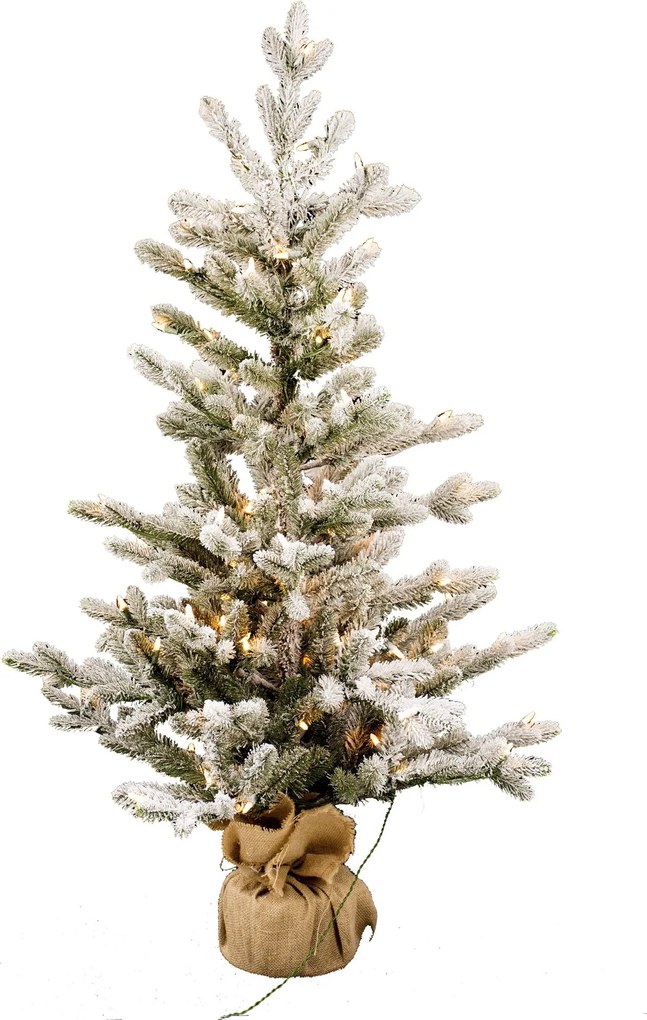 Vaxo Flocked verlichte tafelkerstboom - 91 cm - Wit geflockt groen - Diameter 81 cm - 147 tips - 50 ledlampjes (warm wit) - Besneeuwd/Frosted - Jute zak