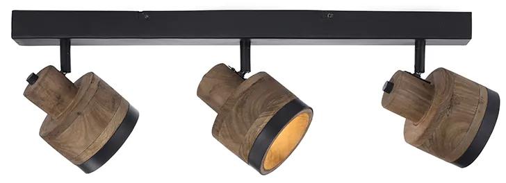 Vintage plafondSpot / Opbouwspot / Plafondspot zwart met hout 3-lichts - Romy Industriele / Industrie / Industrial E14 rond Binnenverlichting Lamp