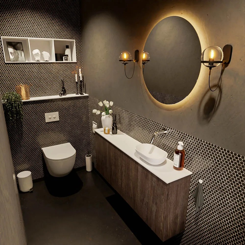 Mondiaz Fowy toiletmeubel 120cm dark brown met witte waskom rechts zonder kraangat