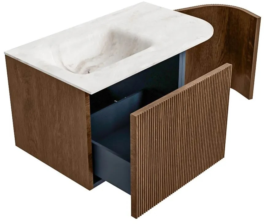 Mondiaz Kurve-dlux 75cm badmeubel ronding rechts walnut met 1 lade en deur en wastafel grunne links zonder kraangat frappe