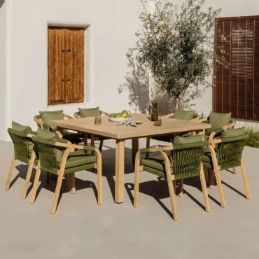 Set Van 150x150 Cm Vierkante Tafel En 8 Tuinstoelen Met Armleuningen In Dubai Acacia Hout Leger Groen – Koel & Rustiek Acaciabruin - Sklum