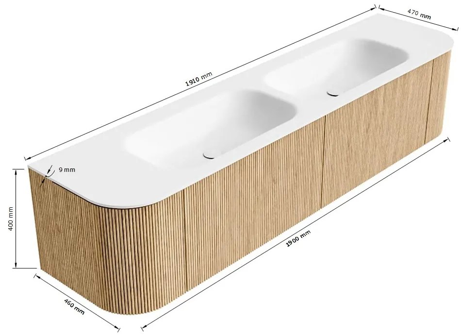 Mondiaz Kurve 190cm badmeubel ronding links/rechts oak met 2 lades en deuren en wastafel big small dubbel 2 kraangaten urban