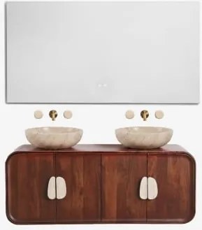 Dubbel Zwevend Badkamermeubelset 130x45 Cm Van Mangohout En Natuurlijke Kivalina-steen Travertijn - Donker Mangohout & 2 X Ronde Travertijn Ø40 -