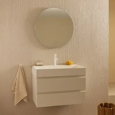 Badkamermeubelset Van Hout En Essenhoutfineer Met Geïntegreerde Wastafel Ona Wit & Round Led And Antifog Ø70 Cm Solyn & Wit - Sklum