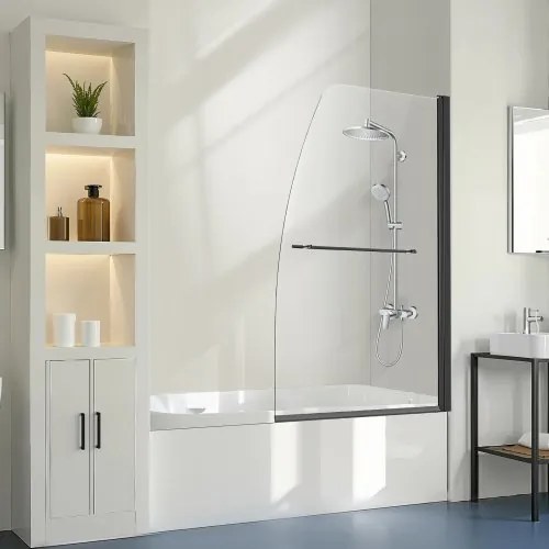 VEVOR Frameloze Badkuip Douchedeur (864 x 1397 mm / B x H) Halve Ruimtebesparende Douchedeur voor Bad, 180° Draaibare Gehard Glazen Deur, Douche Glazen Deur (6 mm Glasdikte), Zwart