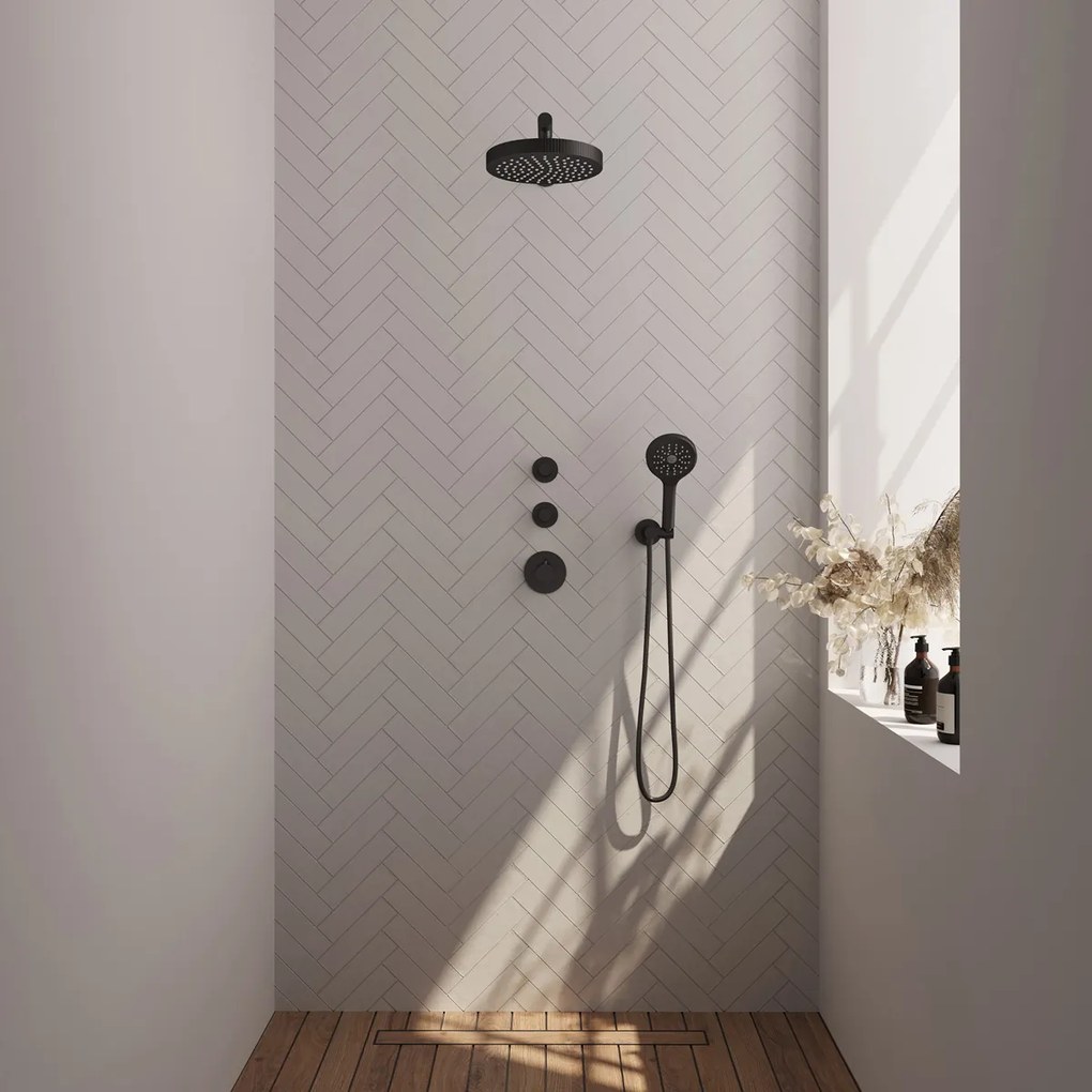 Brauer Stripe inbouw regendouche met 25cm hoofddouche, rechte muurarm en 3 standen handdouche set 4 zwart mat