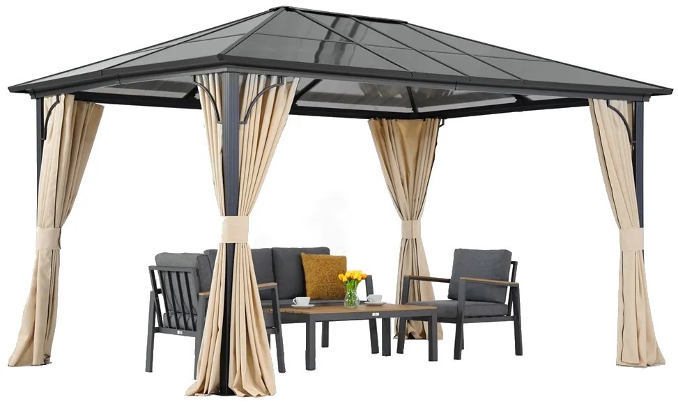 Modern tuinhuisje Santiago 3x4m met Tuinpunt gordijnen beige