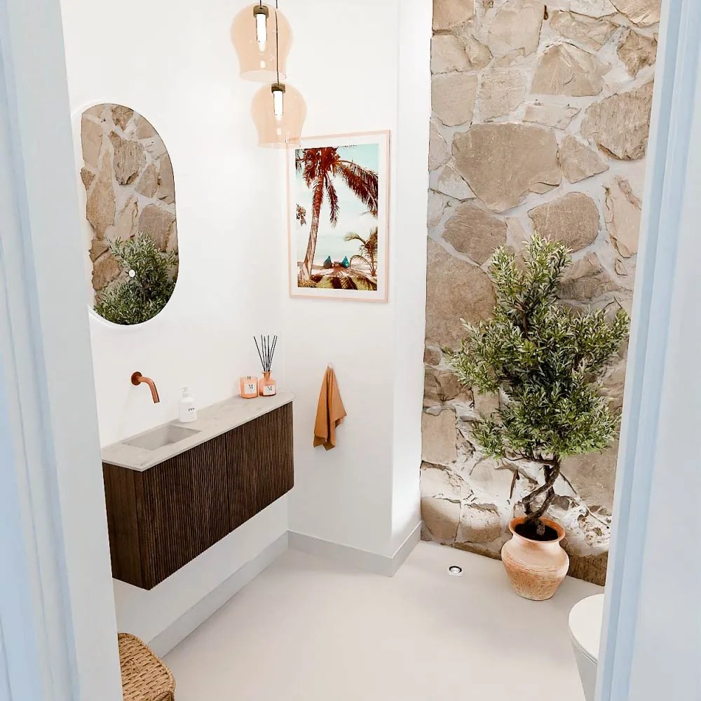 Mondiaz Joya DLux 90cm toiletmeubel ronding rechts walnut met wastafel faye links zonder kraangat opalo