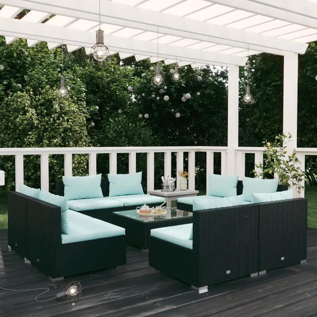 vidaXL 9-delige Loungeset met kussens poly rattan zwart