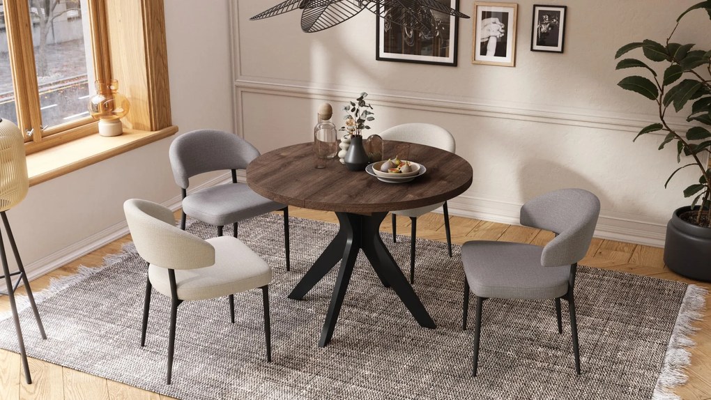 RENZO Bruin Eiken/zwarte poot - RONDE TAFEL Ø110 UITKLAPBAAR TOT 180 cm | VOOR DE KEUKEN EETKAMER WOONKAMER RETRO