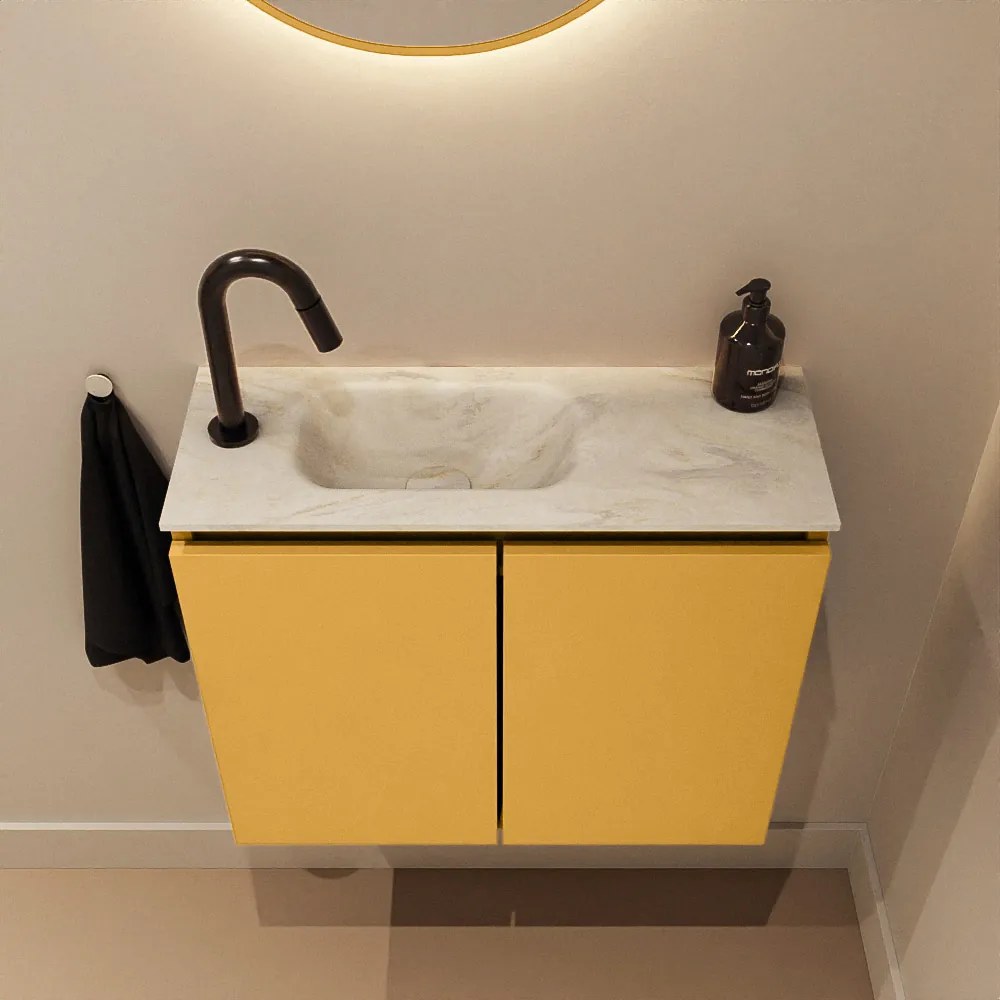 Mondiaz Ture DLux toiletmeubel 60cm ocher met wastafel ostra links met kraangat