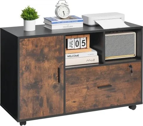 VEVOR Houten archiefkast, mobiele kantoorkast met open planken, afsluitbare zijrolkast met verstelbare planken, printerstandaard voor thuisonderwijs, rustiek bruin