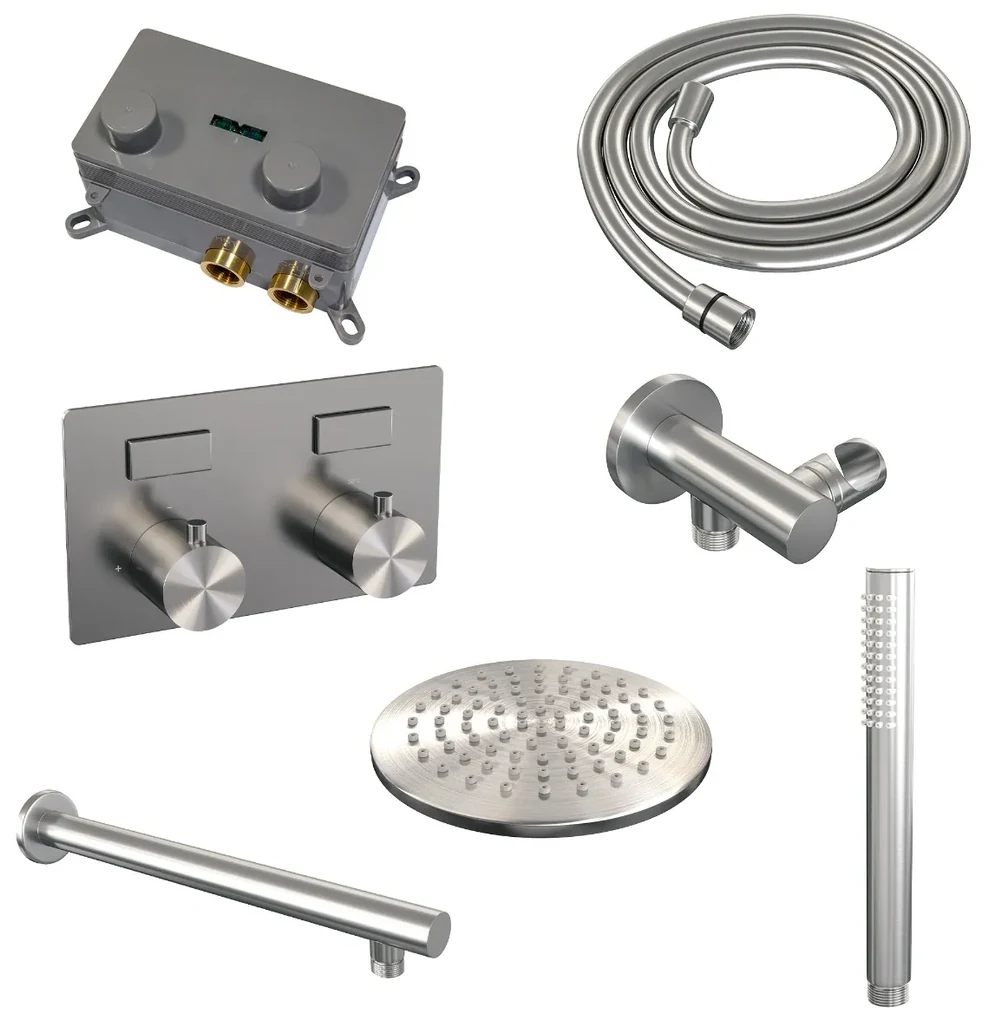 Brauer Brushed Edition thermostatische inbouw regendouche met staafhanddouche, rechte muurarm en hoofddouche 20cm set 49 RVS geborsteld PVD