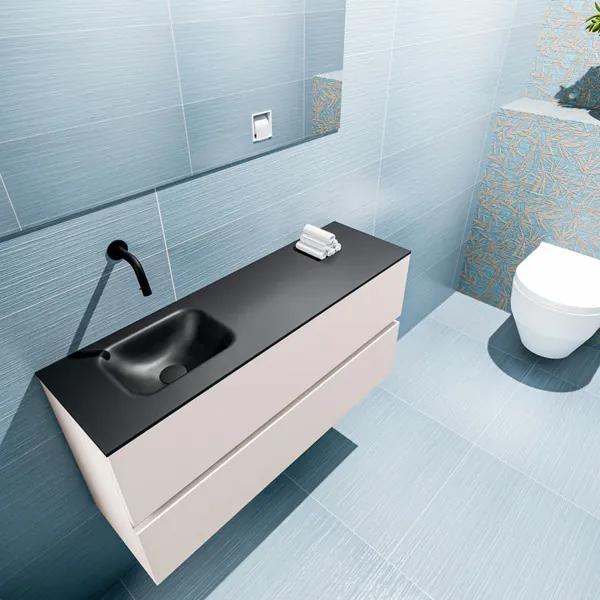 MONDIAZ ADA Toiletmeubel 100x30x50cm met 0 kraangaten 2 lades linen mat Wastafel Lex links Solid Surface Zwart FK75342280