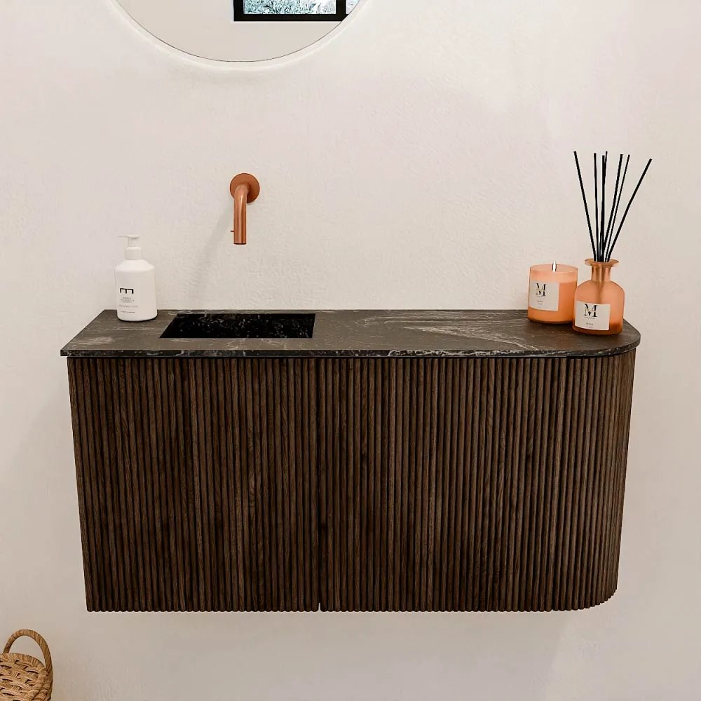 Mondiaz Joya DLux 80cm toiletmeubel ronding rechts walnut met wastafel faye links zonder kraangat lava