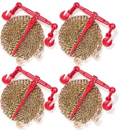 VEVOR kettingspanset, 5/16 inch spanset met een werkbelasting van 3000 kg en twee bevestigingshaken, inclusief (4) ratelspanbanden – (4) 53 cm lange kettingen van klasse 80, transportpakket voor trekken en slepen
