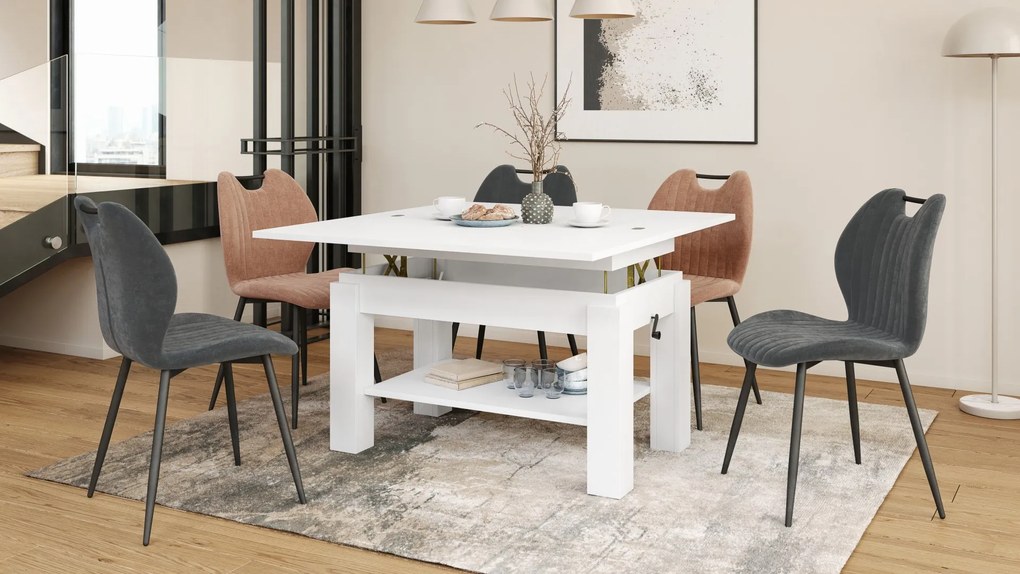 BRAVO wit – uitschuifbare en in hoogte verstelbare salontafel, tafel met plank