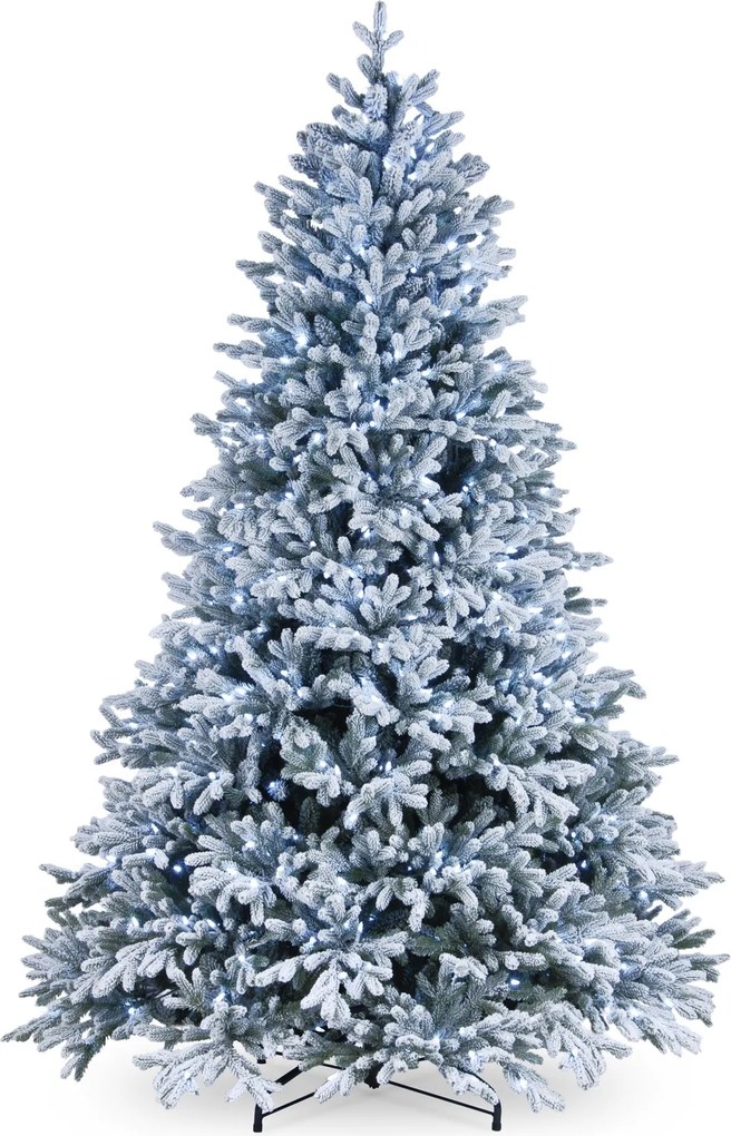 Snowy Hamilton kunstkerstboom - 213 cm - groen - Diameter 140 cm - 3.929 tips - 600 ledlampjes - besneeuwd - metalen voet