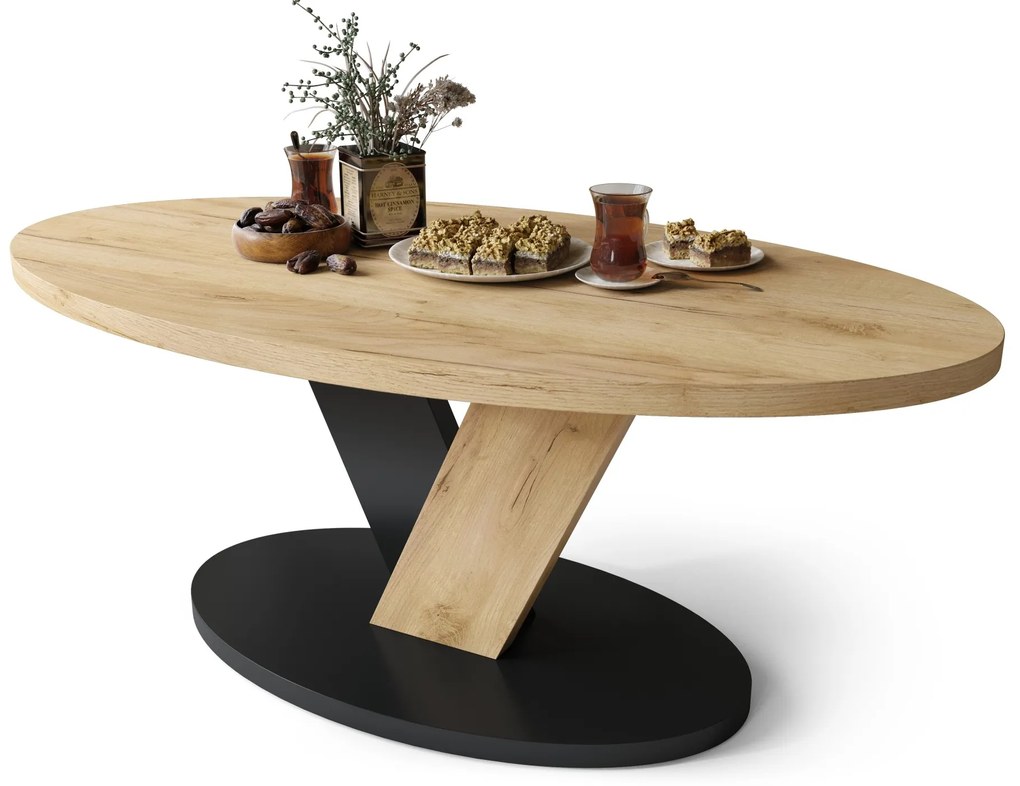 LOVA  Eik Goud/Zwart - OVALE SALONTAFEL 110x60 cm MODERNE KOFFIETAFEL