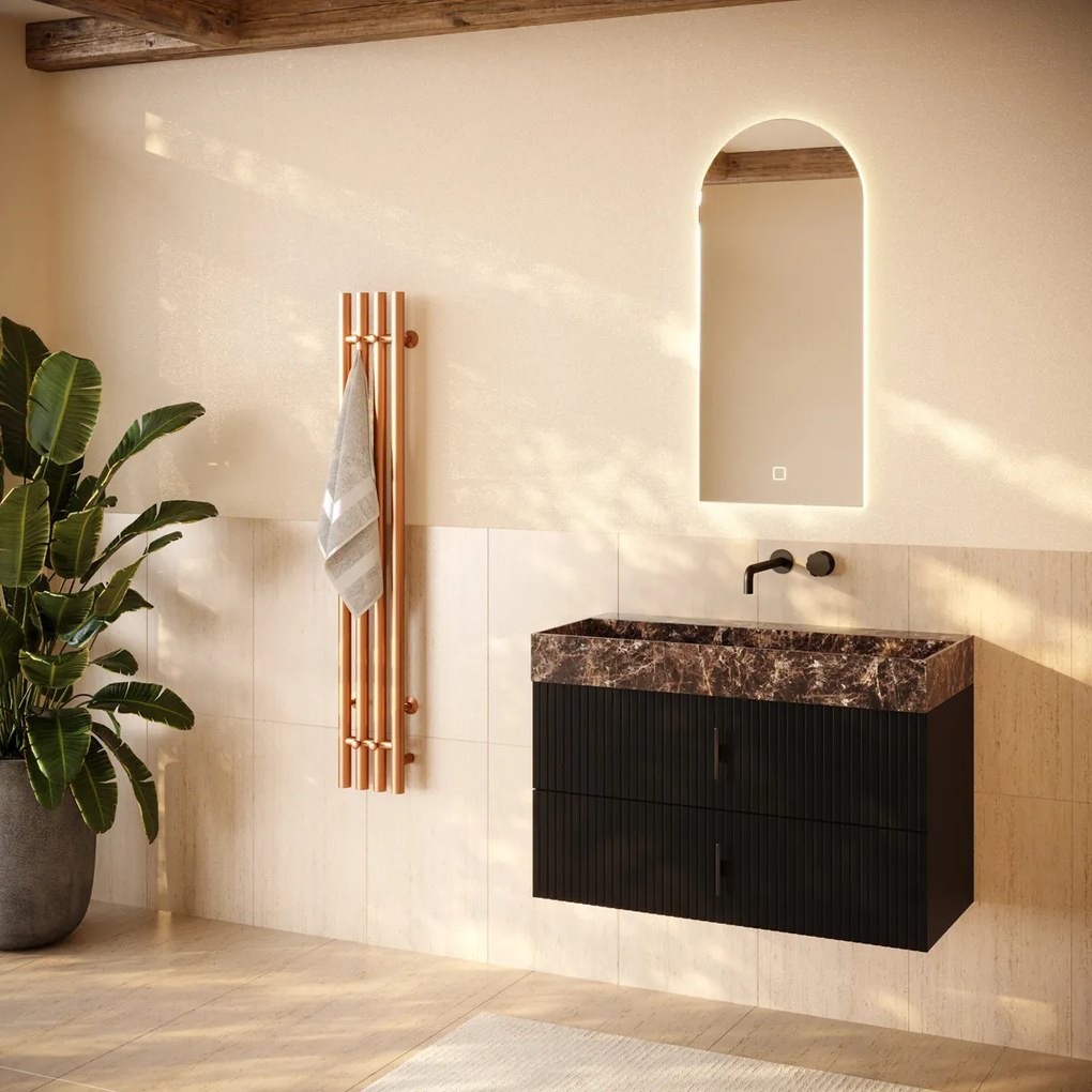 Muebles Murcia badmeubel ribbelfront 100cm zwart mat met Dark Emperador wastafel zonder kraangat