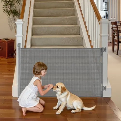 VEVOR Intrekbaar babyhekje, hondenhekje, uitschuifbaar tot 145 cm breed / 98 cm hoog, traphekje met veiligheidsslot, gaasveiligheidshekje voor trappen en gangen, binnen/buiten, grijs