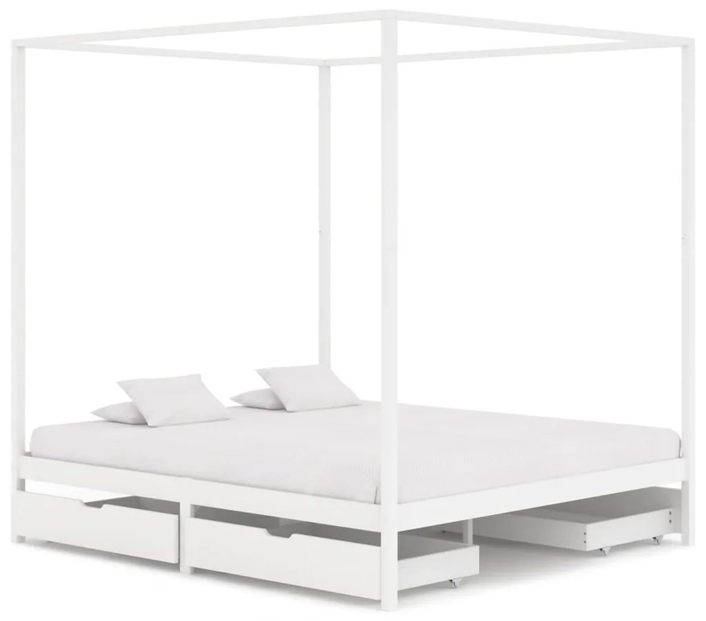 vidaXL Hemelbedframe met 4 lades massief grenenhout wit 180x200 cm