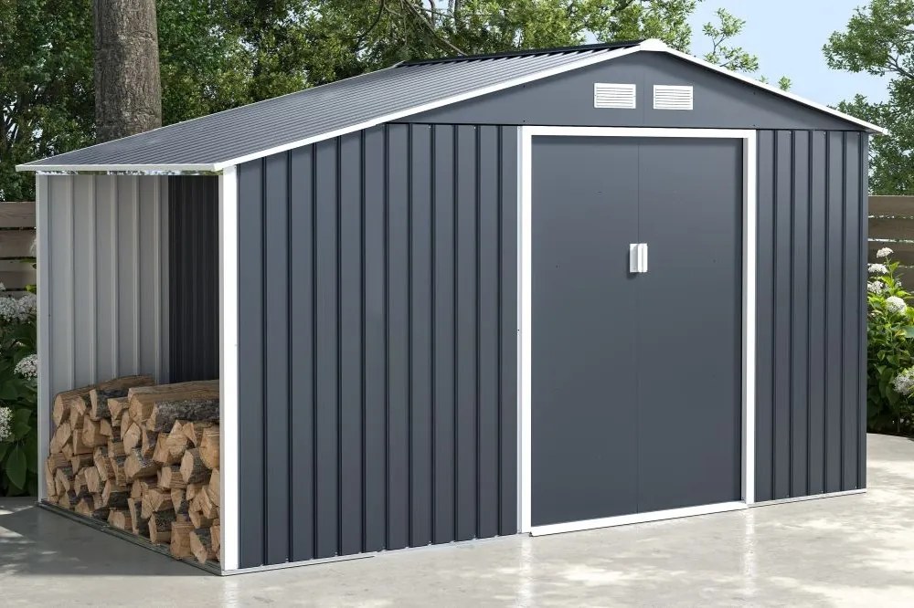 Skagen metalen gereedschapshuis met houtopslag 3,4 x 1,9 m Store Boss antraciet