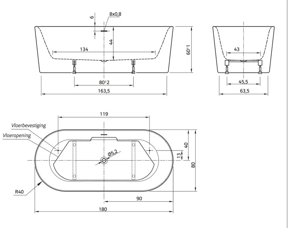 Xenz Friso vrijstand bad acryl 180x80x60cm met badvulcombinatie wit glans