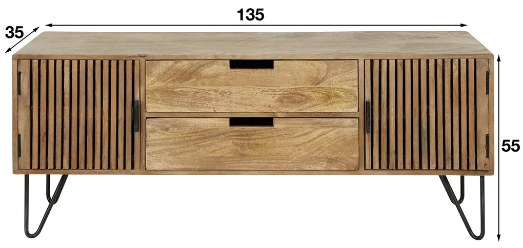 Tv-meubel Mangohout Met Ribbel Deuren - 135x35x55cm.