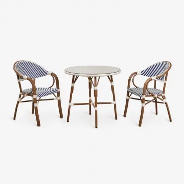Brielle Bistro Ronde Tafelset, Ø80 Cm, En Twee Stapelbare Eetkamerstoelen Met Armleuningen Van Aluminium. Ken Blauw - Gardenia Wit - Sklum