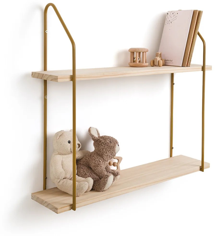 Dubbele wandplank in grenen en ijzer metaal L65 cm, Vinto
