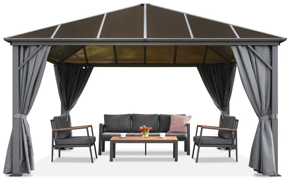 Milos tuinhuisje 4x4m met gordijnen Garden Point grijs