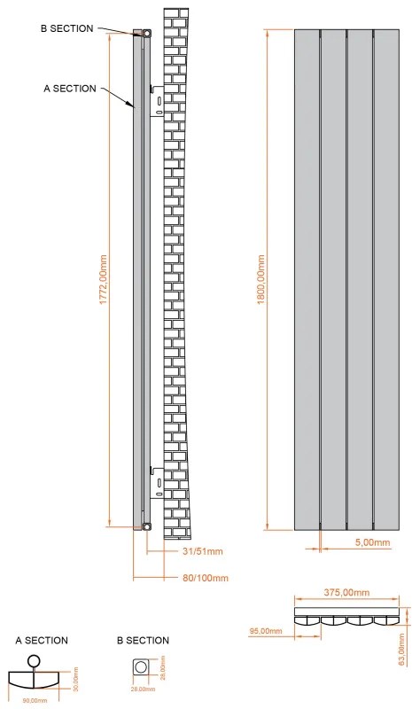 Eastbrook Tordino radiator 35x180cm aluminium 1149W antraciet