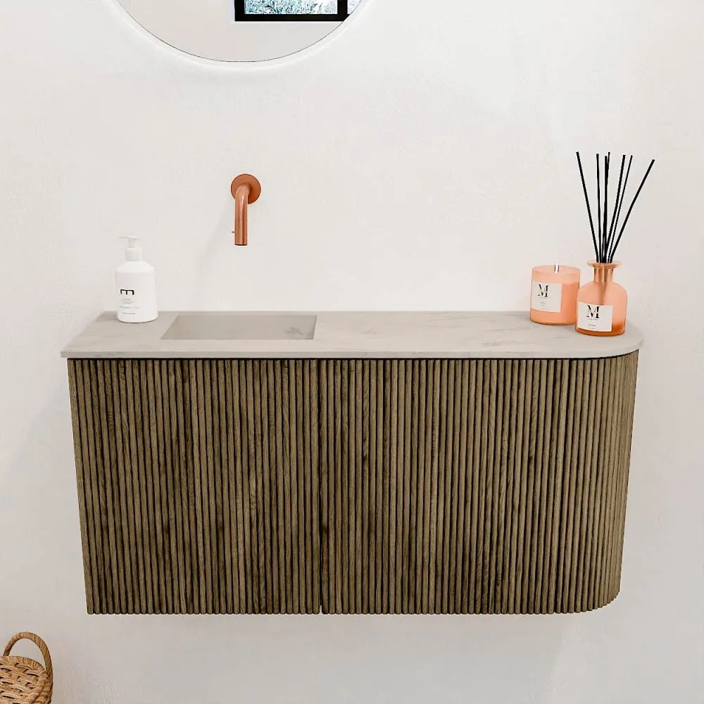 Mondiaz Joya DLux 80cm toiletmeubel ronding rechts dusk met wastafel faye links zonder kraangat opalo