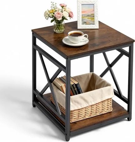VEVOR bijzettafel, nachtkastje met 2 niveaus en open planken, modern nachtkastje met X-vormig metalen frame, houten salontafel voor woonkamer, slaapkamer, kantoor, bruin/zwart