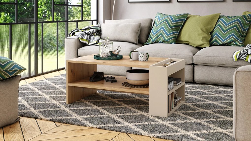 NEFRI Eikenhout Artisan / beige - MODERNE KOFFIETAFEL MET LEGPLANK
