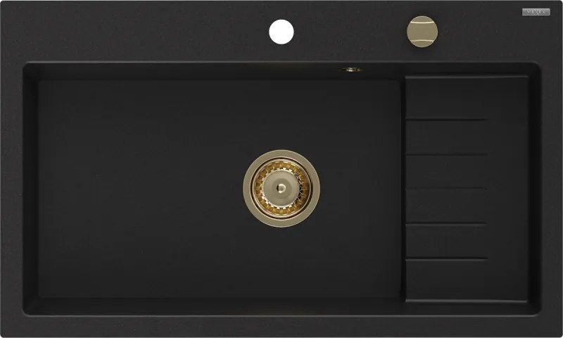 Mexen Omar granieten gootsteen 1-kompartiment 800 x 480 mm, zwart, gouden sifon - 6520801005-77-G