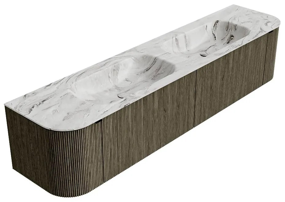 Mondiaz Kurve-dlux 200cm badmeubel ronding links/rechts shadow met 2 lades en deuren en wastafel stor small dubbel zonder kraangat glace