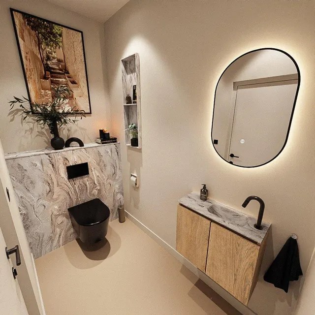 MONDIAZ TURE-DLUX 60cm toiletmeubel Washed Oak. EDEN wastafel Glace positie rechts. Met 1 kraangat. TUREDX60WASR1GLA