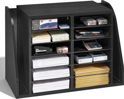 VEVOR Brievenbak met 12 vakken en staande archiefkast, documentenbak van spaanplaat, archiefhouder voor kantoor en klaslokaal, boekenorganizer voor dossiers, documenten en papier, bureau-organizer, zwart
