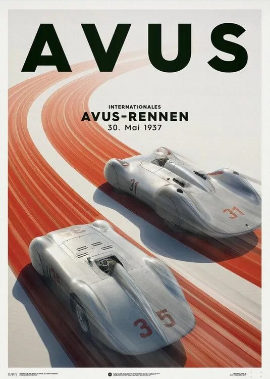 Kunstdruk Mercedes Benz & Auto Union - Silver - Avus - 1937 - Poster, Automobilist