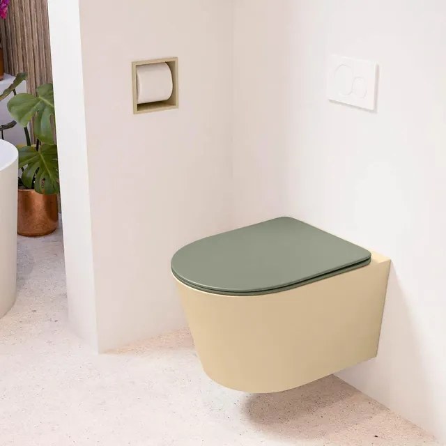 MONDIAZ LAVIE wandclosetpack - 36x53cm - diepspoel - rimless - Sand (beige) - softclose - quick-release - toiletzitting - Army (groen) LAVIEsetSanArm