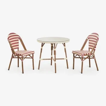 Set Van Ronde Tafel Ø80 Cm Brielle Bistro En 2 Stapelbare Stoelen In Synthetisch Rotan En Aluminium Solange Bistro Beige – Crème - - Sklum