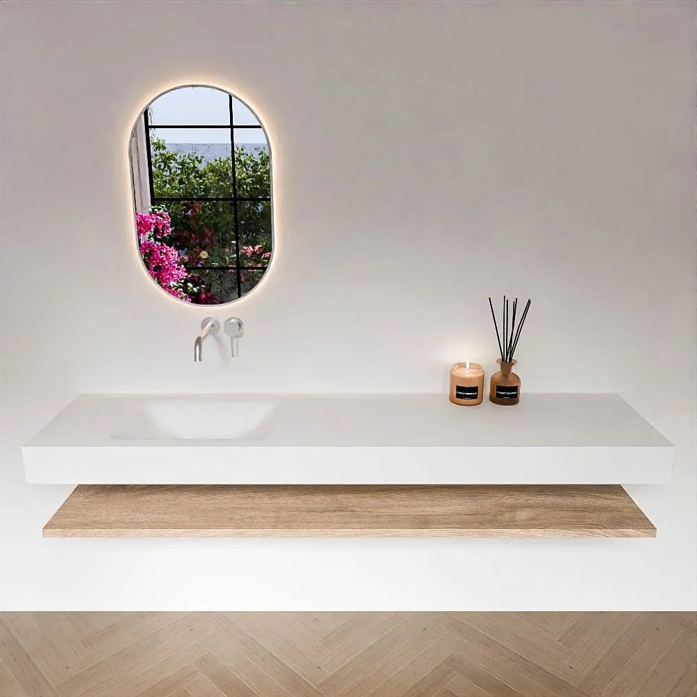 Zaro Alan badmeubel 190cm met planchet washed oak en vrijhangende wastafel cloud links zonder kraangat talc
