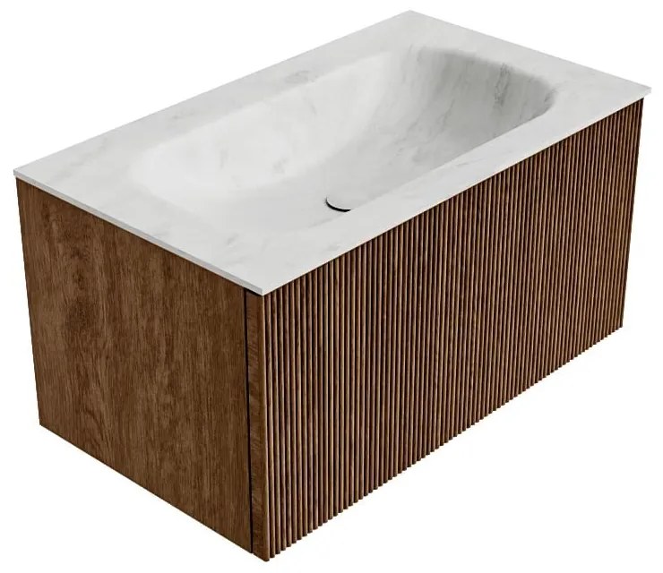 Mondiaz Kurve-dlux 80cm badmeubel walnut met 1 lade en wastafel big small midden 1 kraangat opalo