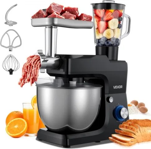 VEVOR Multifunctionele elektrische keukenmachine 1500 W met roestvrijstalen kom (7,8 L) en mengkom (1,5 L), deegmixer met 6+P snelheden, deeghaak, garde en klopper.