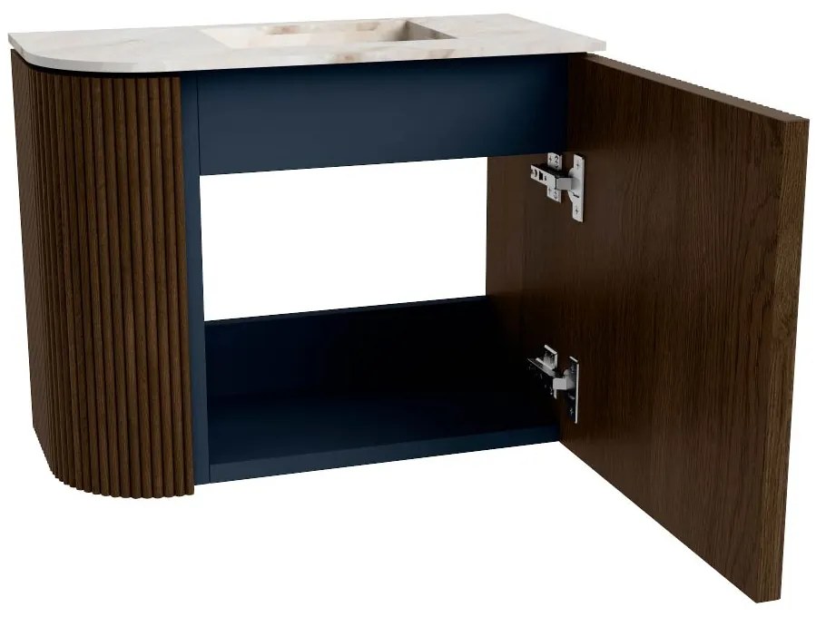 Mondiaz Joya DLux 50cm toiletmeubel ronding links walnut met wastafel faye rechts zonder kraangat frappe